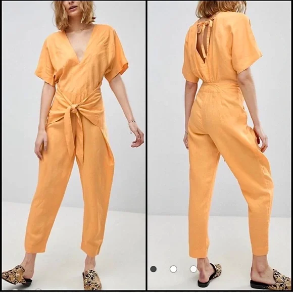Free People Shining Sun Wrap Linen Jumpsuit Romper Playsuit Orange Cutout Sz L - Picture 3 of 12